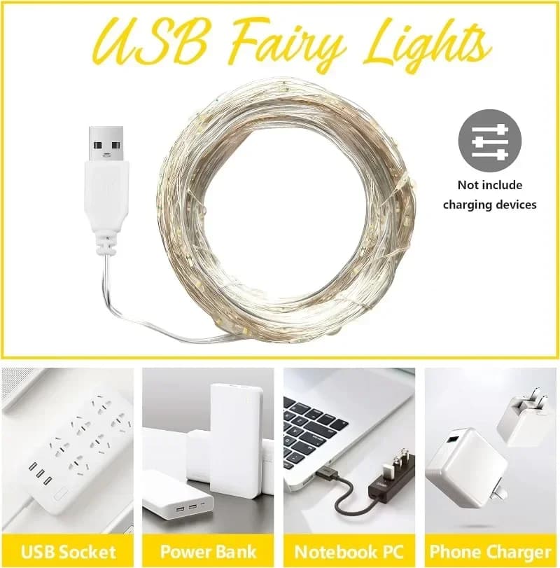 Fil de cuivre USB LED guirlandes lumineuses guirlande fée chaîne lumière pour vacances noël fête de 