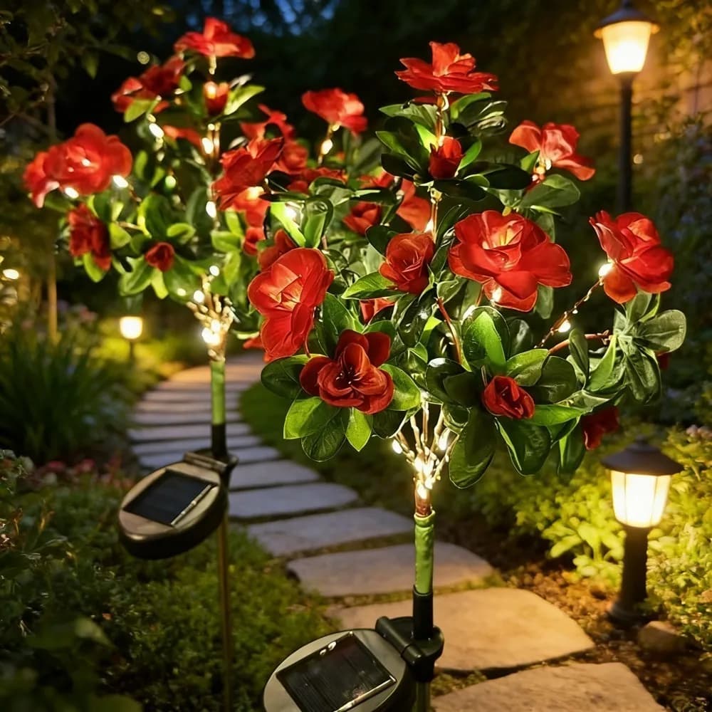 1PC Lampe solaire LED en forme de fleur d'azalée, étanche, avec pétales en tissu, pour jardin, pelou