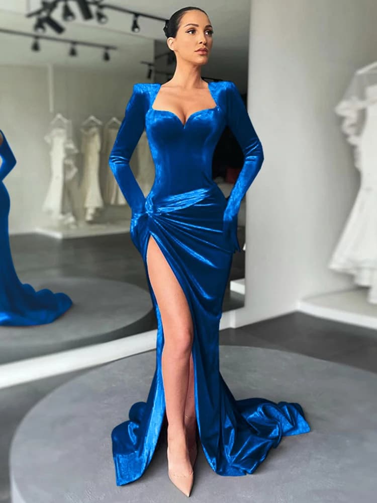 Robe longue cryptographique élégante, tenue de soirée pour femmes, manches gants, velours, fente Sex