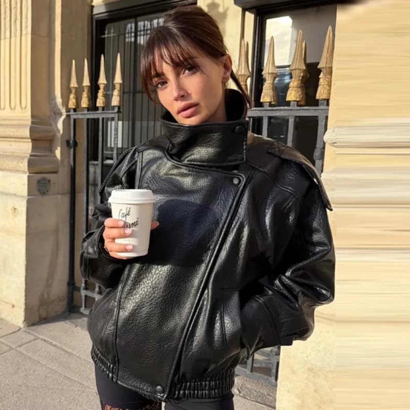 HXAO nouveauté femmes Bomber veste en cuir noir vestes recadrée surdimensionné vêtements d'extérieur