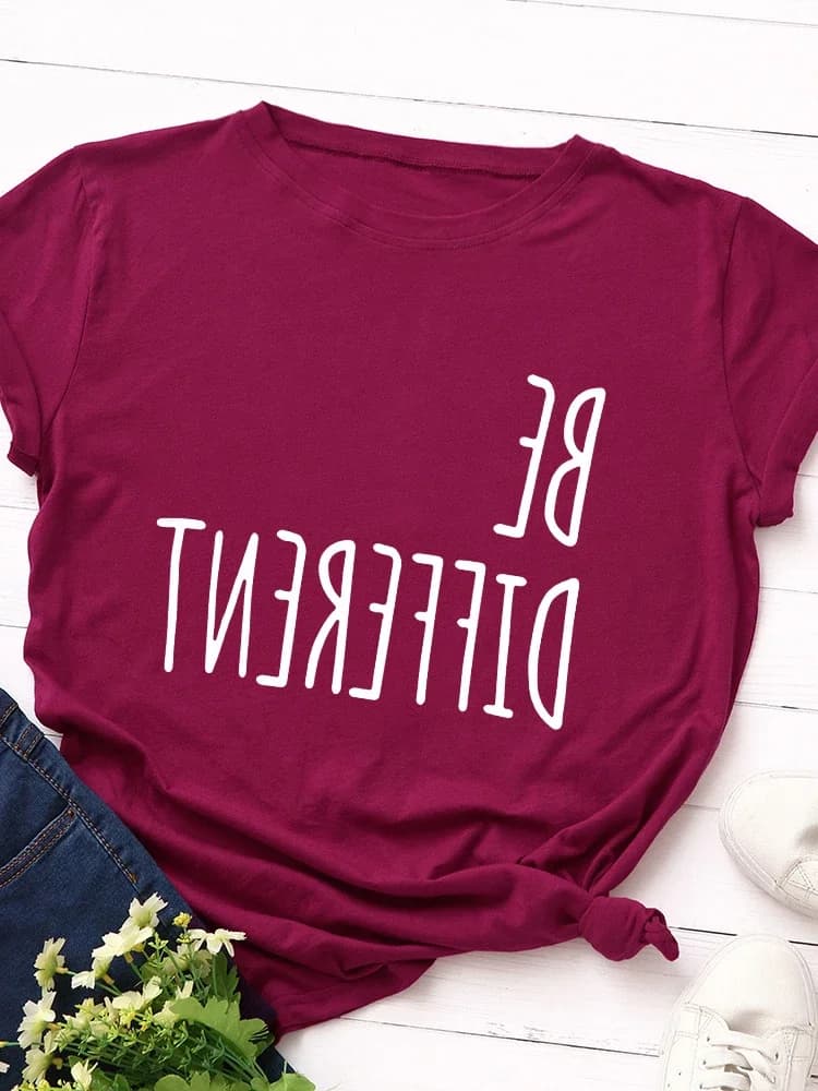 T-shirt manches courtes col rond femme, décontracté, avec lettres imprimées à l'envers, Be Different