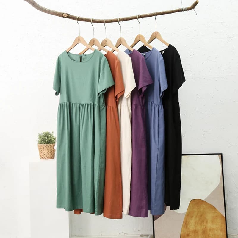 Robe d'été en coton et lin pour femme, vintage, manches courtes, décontractée, dos bandage, Harajuku