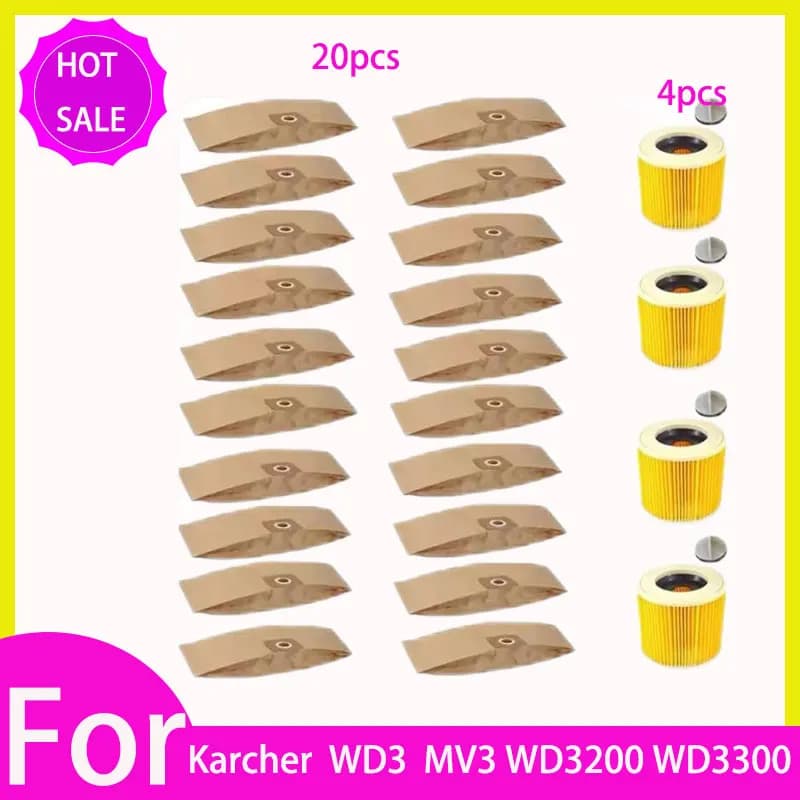 Sac à poussière de remplacement, filtre Hepa pour aspirateur Karcher WD3 Premium WD3200 WD 3300 MV3,