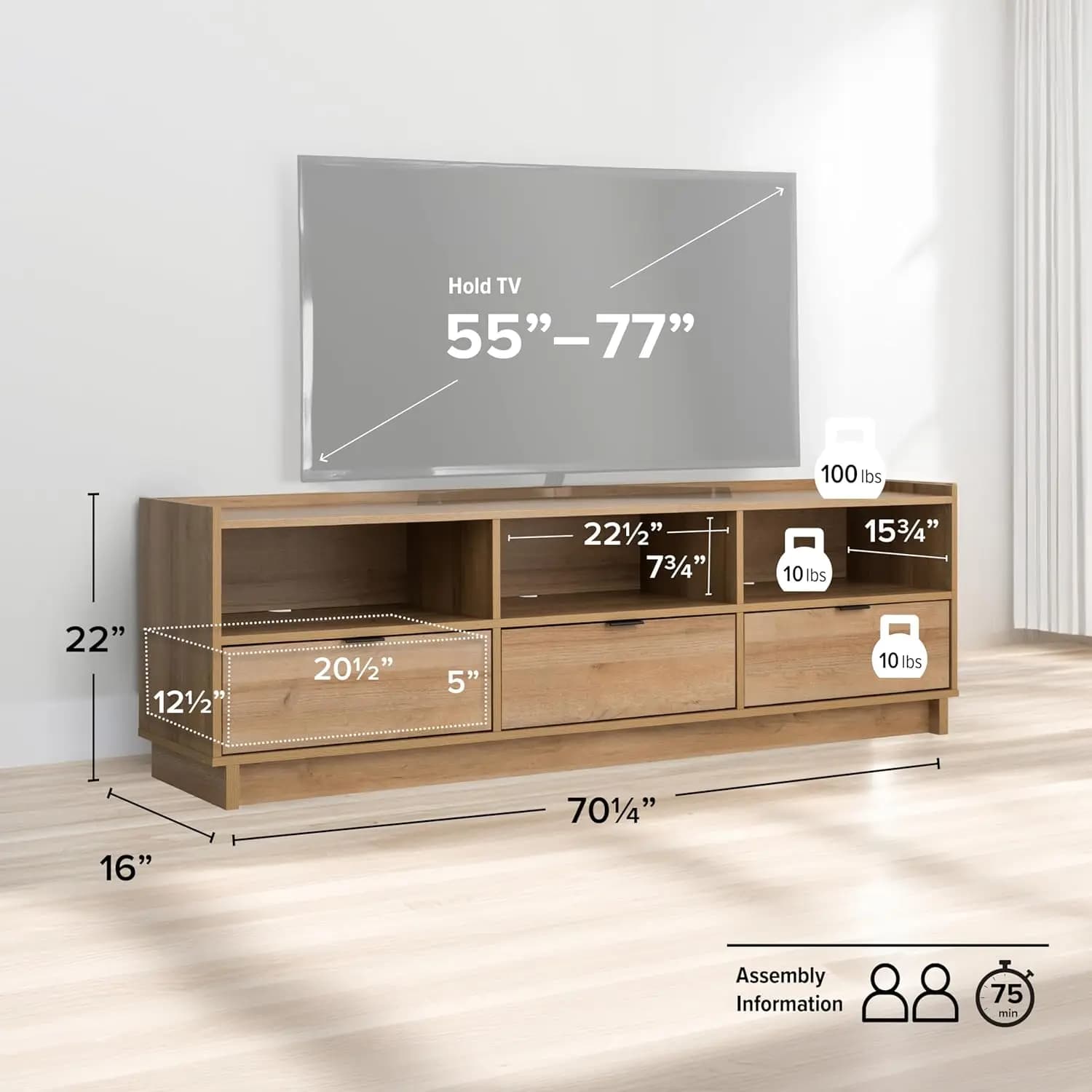 Meuble TV Simply Modern, armoire de rangement en chêne avec étagères, armoire de rangement pour salo