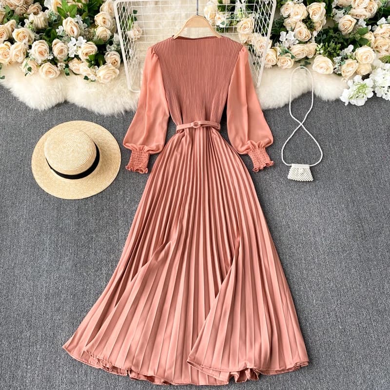 Robe longue élégante pour femmes, printemps et été, manches longues, ceinture plissée, jupe longue p