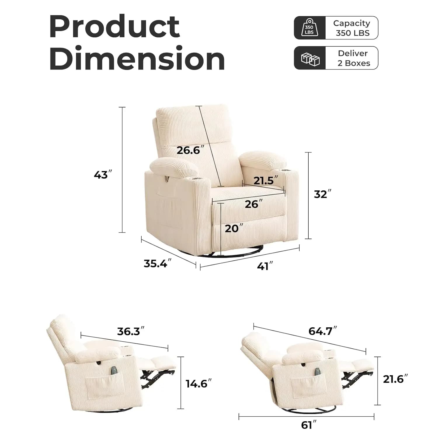 Fauteuil inclinable motorisé surdimensionné pivotant avec massage et chaleur, fauteuil inclinable pi