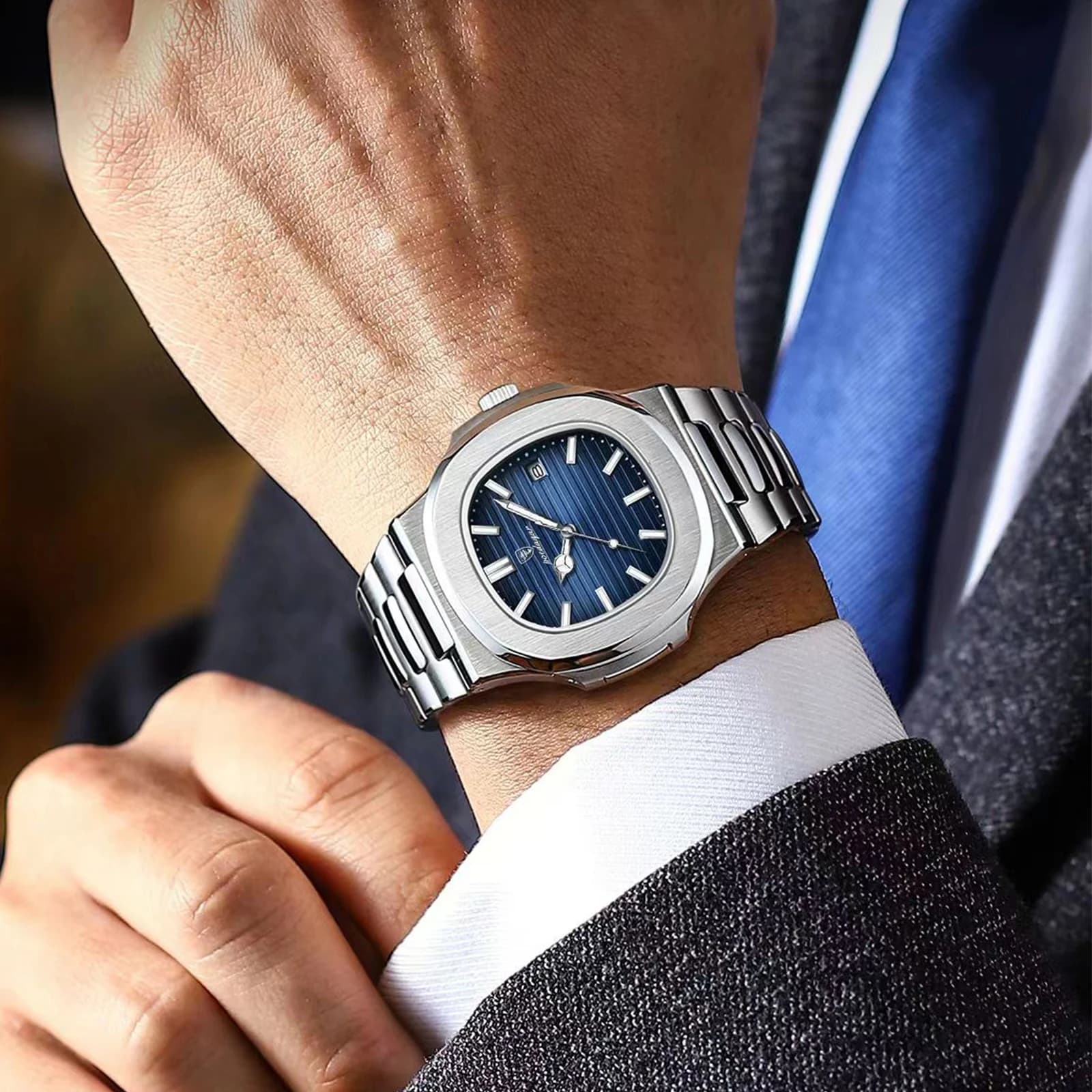 POEDAGAR mode carré Quartz homme horloge étanche lumineux Date montres en acier inoxydable pour homm