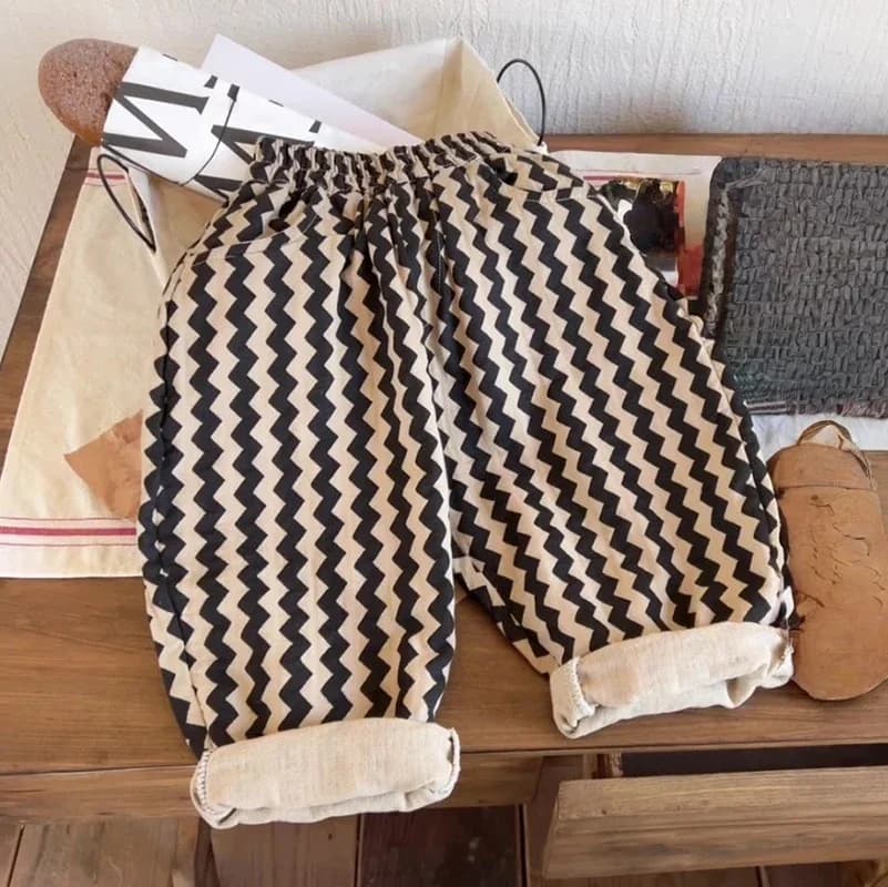 Nouveau pantalon large à rayures zigzag pour enfants, taille élastique, avec poches, pour garçons et