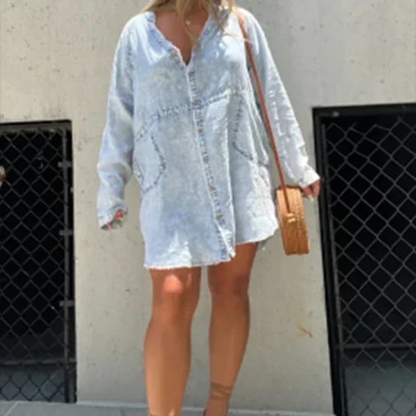 Robe chemise en denim pour femme, robe en jean, col rabattu décontracté, manches lanterne, taille ha