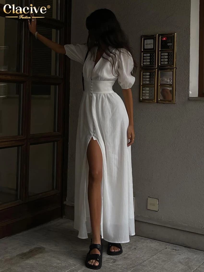 Clacive blanc Sexy simple boutonnage femmes robe 2022 élégant à manches courtes col en v robes de so