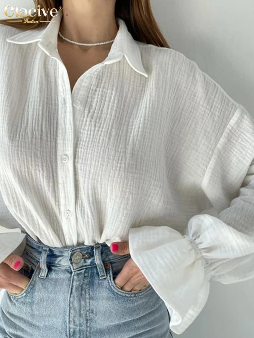 ClacMarkets-Chemisiers de bureau blancs pour femmes, chemises à manches longues à revers, haut chic 