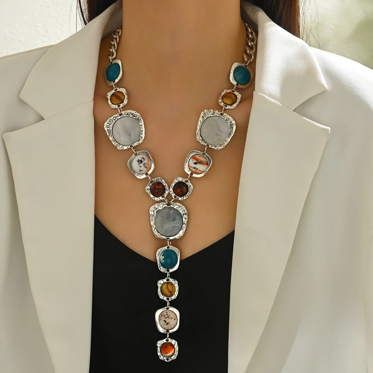 Collier Long Vintage exagéré en forme de Y pour femmes, élégant, épais, pendentif géométrique, style