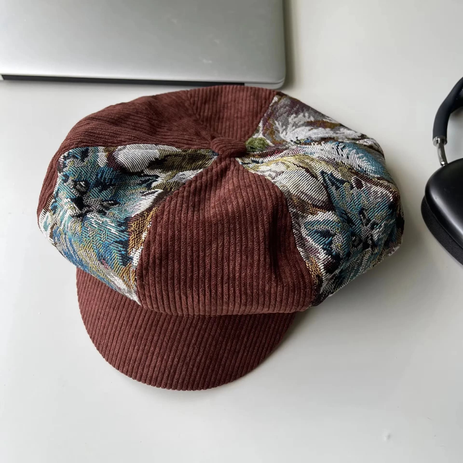 Casquettes pour femmes, béret rétro patchwork, chapeau octogonal en jacquard et velours côtelé, à la