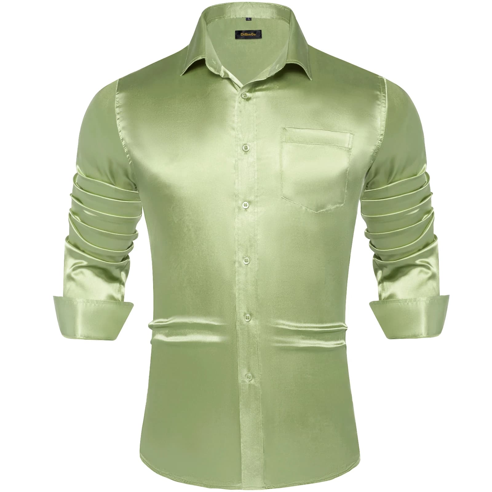 Chemises en satin uni pour hommes – Vert sauge, noir, jaune, rouge – Chemises habillées à manches lo