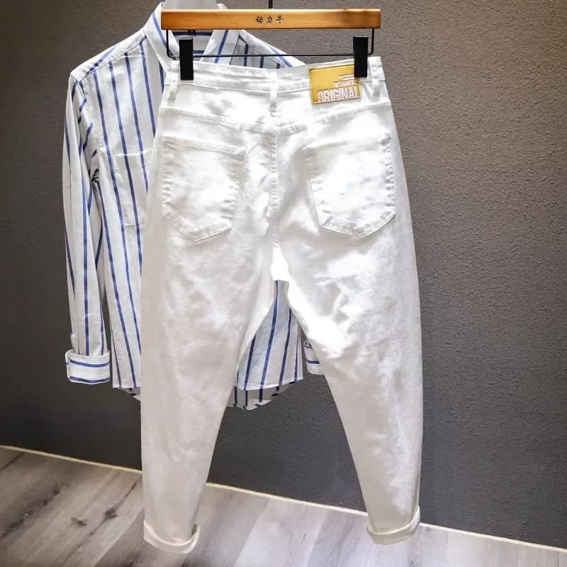 Jeans troués déchirés pour hommes, pantalons masculins blancs, streetwear confortable, denim, mode h