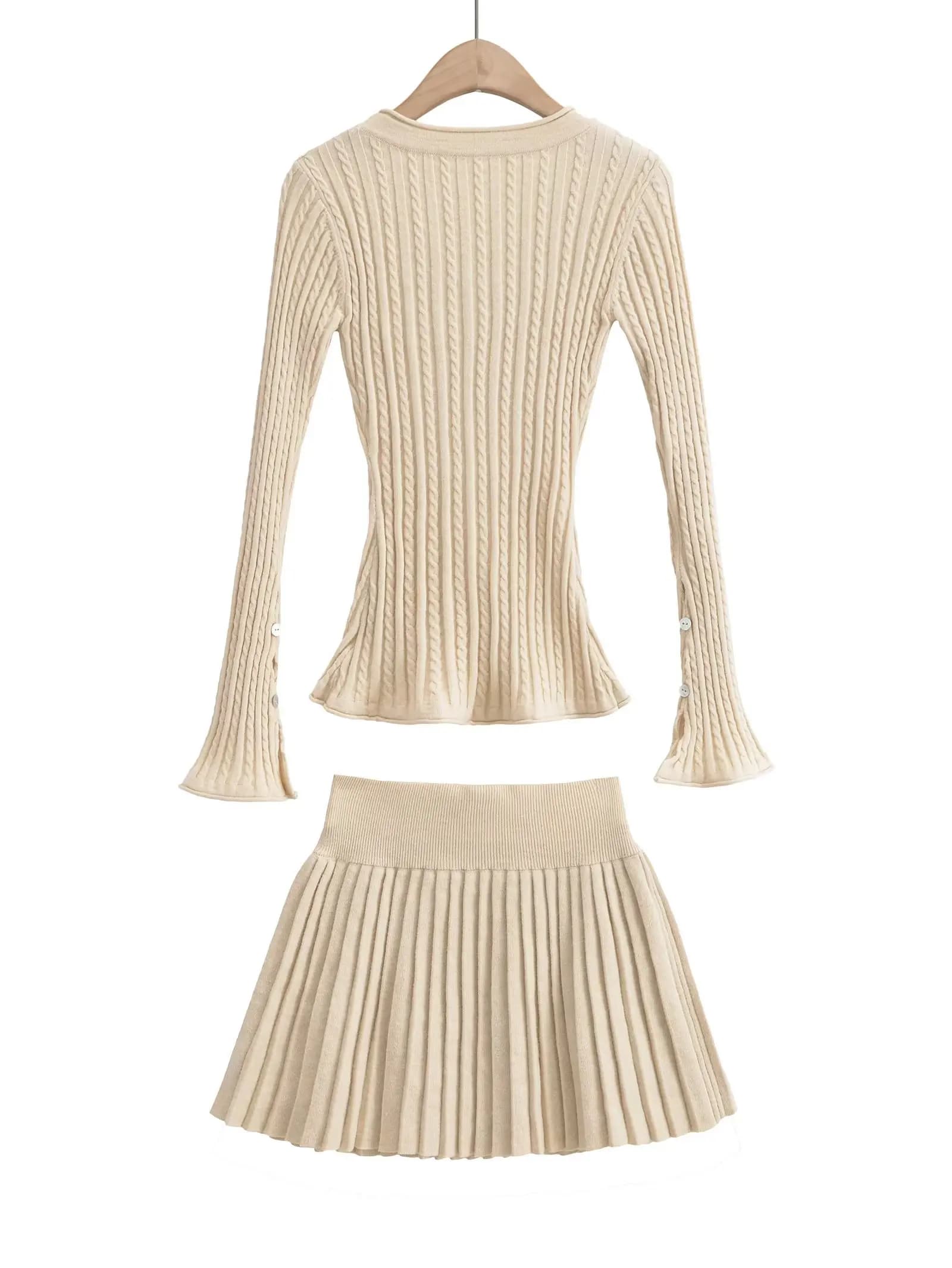 Cardigan en tricot torsadé à col en V pour femmes, taille élastique, mini jupe plissée, olympiques a