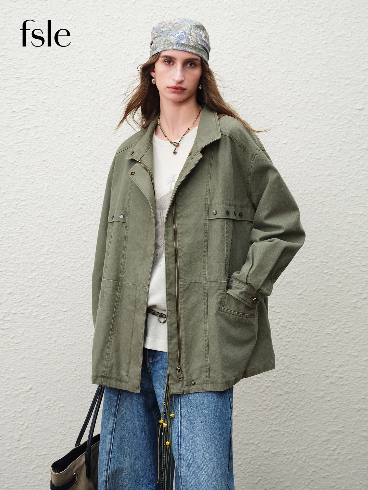 FSLE【Série Premium】Veste Courte Cargo Rétro Femme Printemps 2026 Col Montant Style Urbain Oversize