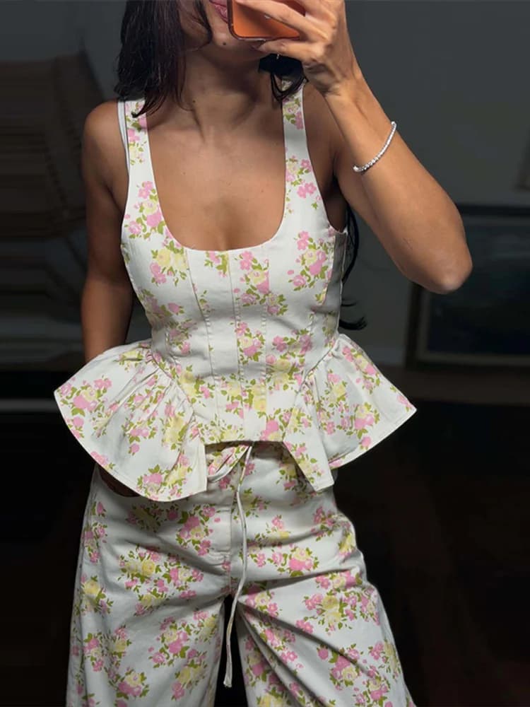 Ensemble élégant imprimé pour femme : débardeur à volants sans manches et pantalon large – Tenue de 