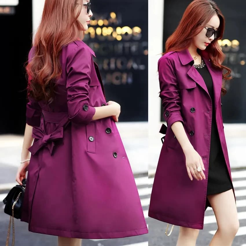 Manteau coupe-vent mi-long violet pour femme avec ceinture, taille fine coréenne, vêtements d'extéri