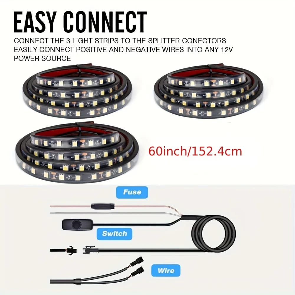 Bande lumineuse LED blanche 2 en 1 3 en 1, 150cm, avec interrupteur marche/arrêt, fusible à lame pou
