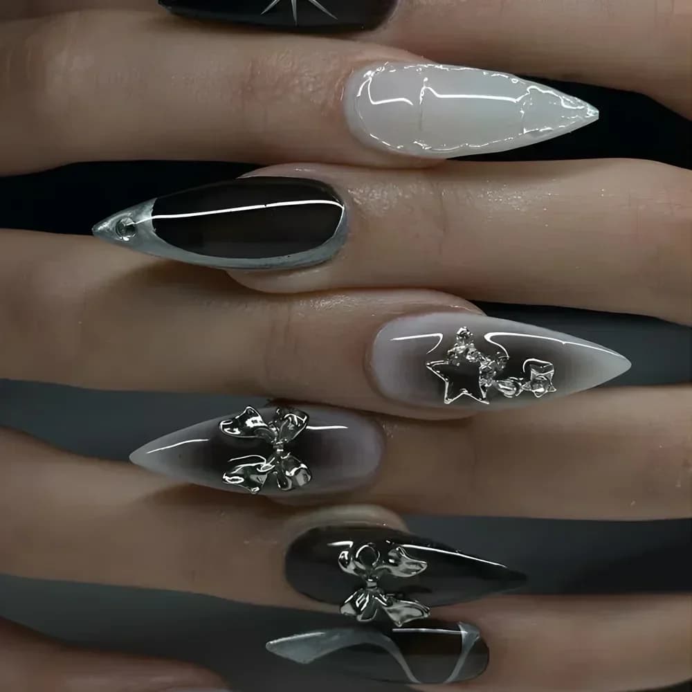 24 pièces Y2k amande acrylique ongles couverture complète 3D diamant noir Nail Art doux Cool françai