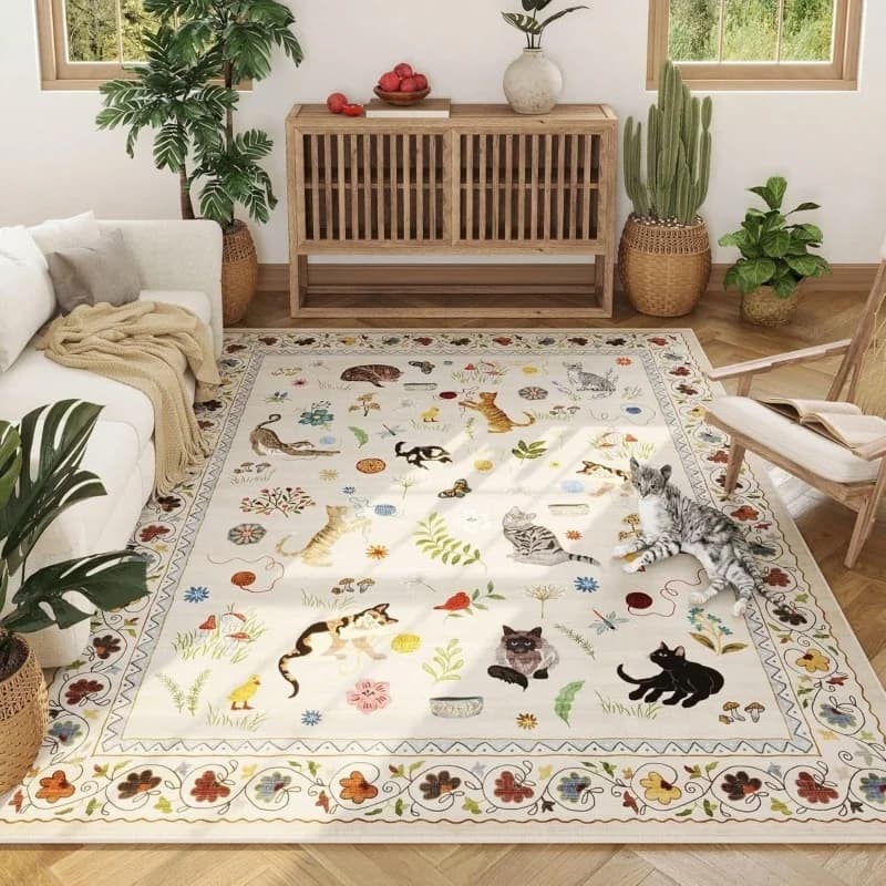 Tapis de sol en feutre beige vintage à motif de chat de dessin animé et bordure de fleurs sauvages, 