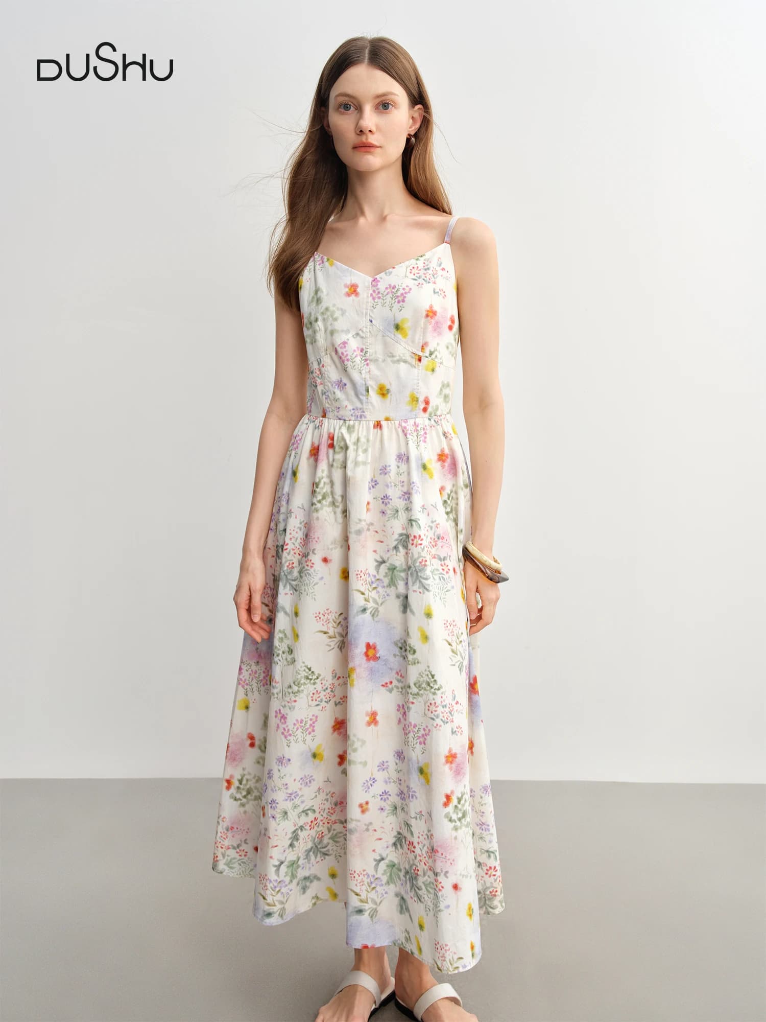 DUSHU 2025 Robe d'été à bretelles florales pour femme - Silhouette amincissante de style resort Midi