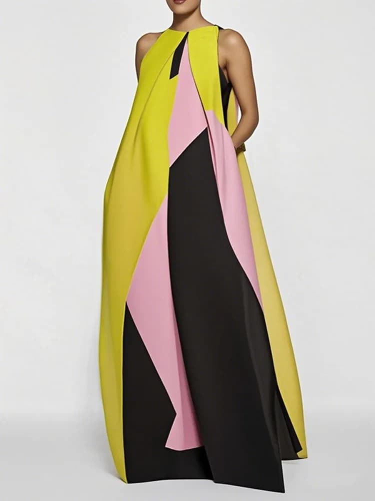 Yeezzi 2025 nouvelle robe trapèze de vacances d'été pour les femmes mode bloc de couleur plissé col 