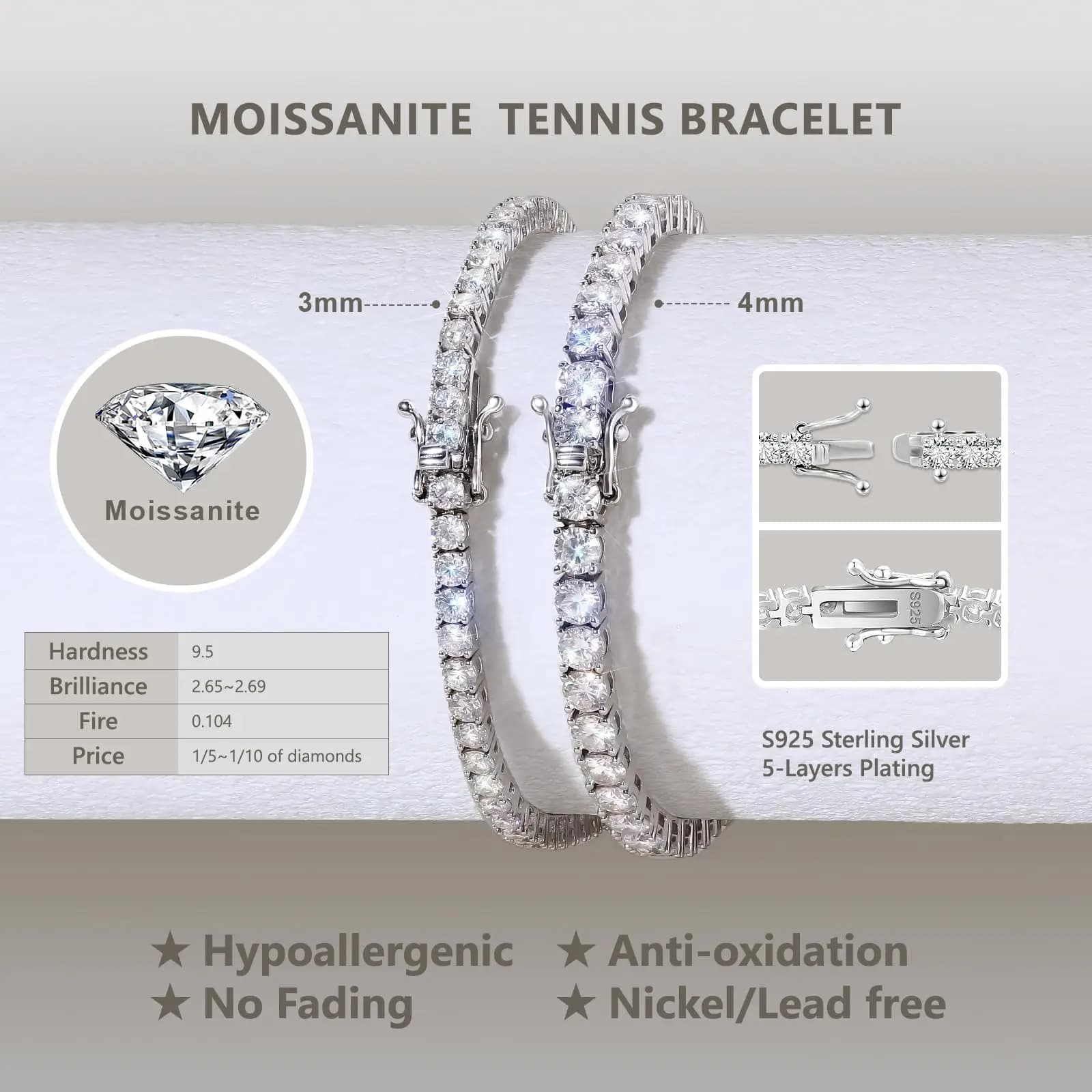Bracelet de tennis délicat en Moissanite plaqué or 18 carats, argent sterling 925, couleur D, diaman