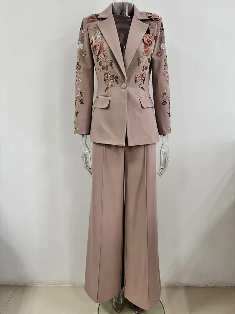 HIGH STREET – ensemble de costume de défilé de styliste pour femmes, Blazer perlé à fleurs 3D, panta