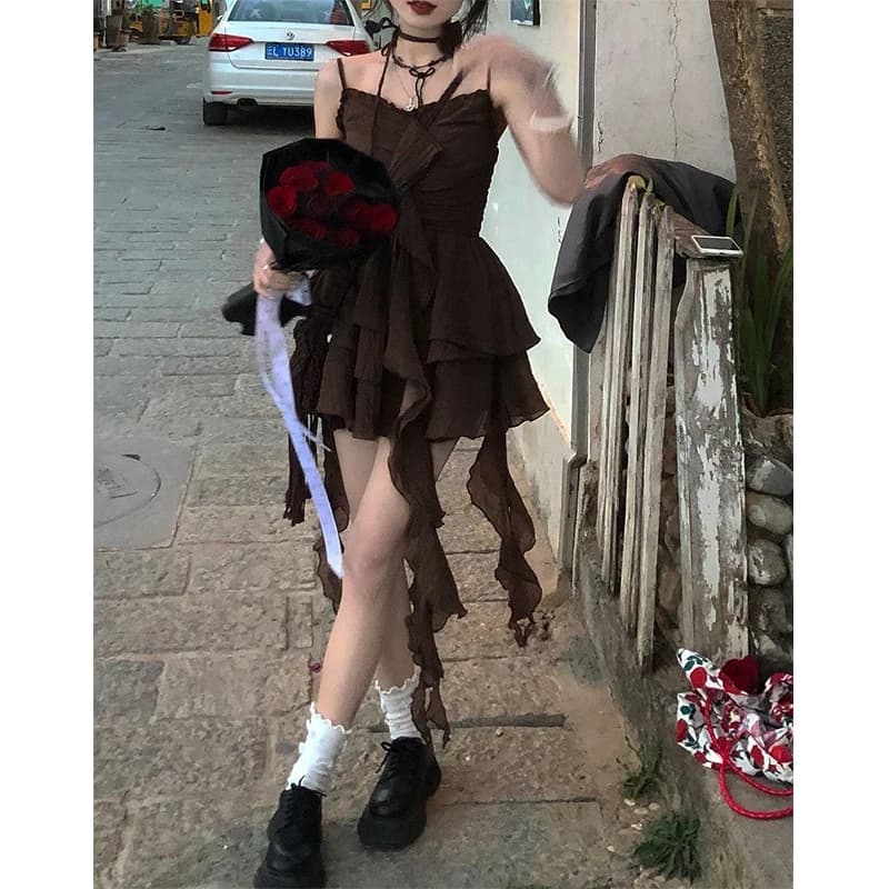Vintage Ruffles Mini Dress Women Y2K Party Sexy Spaghetti Strap Red Dresses Summer Korean Irregular 