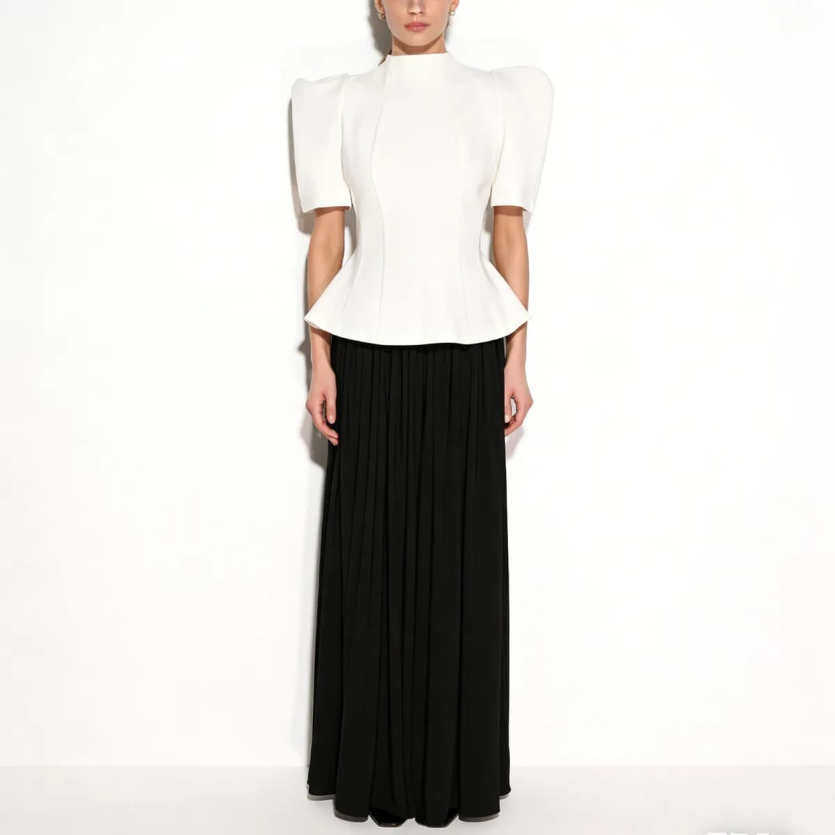 Haut Peplum Femme CiCi Col Montant Manches Courtes Bouffantes Silhouette Structurée Élégant Tenue de