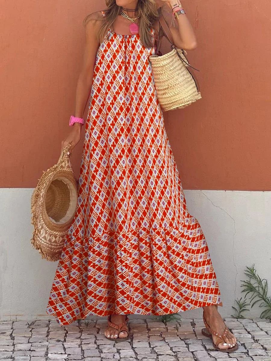 Robe longue style Boho pour femmes, sans manches, ample, imprimée, bretelles Spaghetti, robes fluide