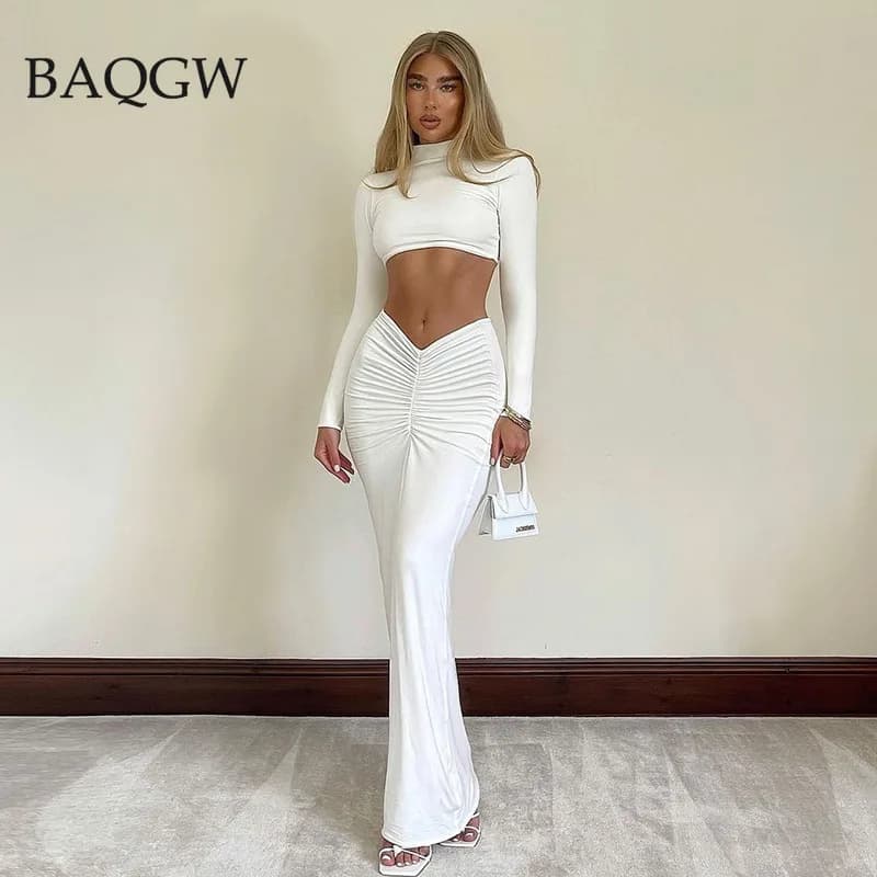 Ensemble de robe deux pièces à manches longues pour femmes, haut court sexy, jupes maxi, robe froncé