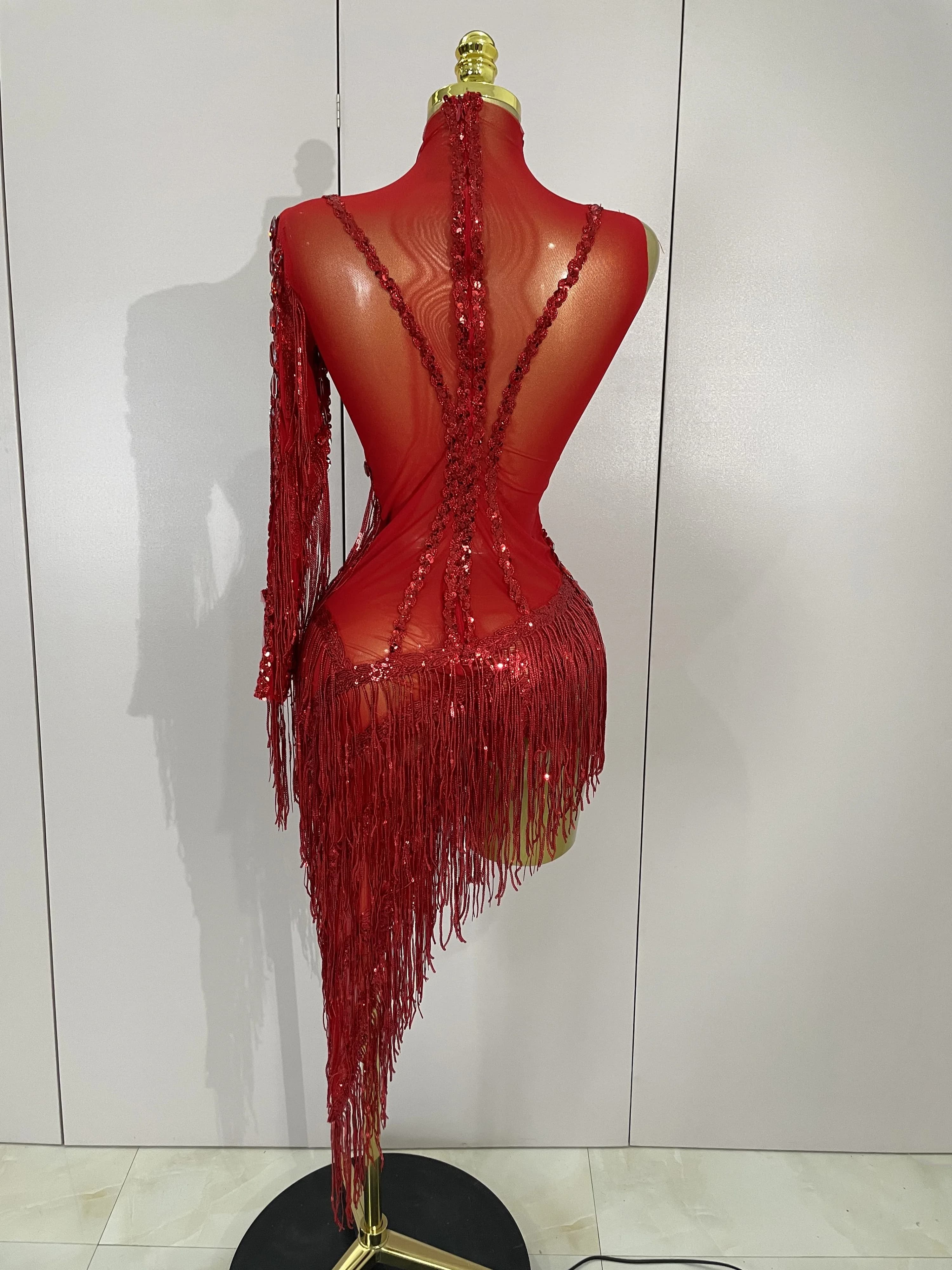 Costume de scène avec franges et strass scintillants pour femmes, robe transparente Sexy, asymétriqu