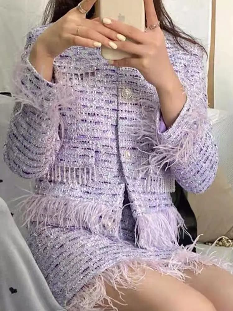 Violets élégants en tweed pour femmes, veste à pompon perlé en plumes à simple boutonnage, short tai
