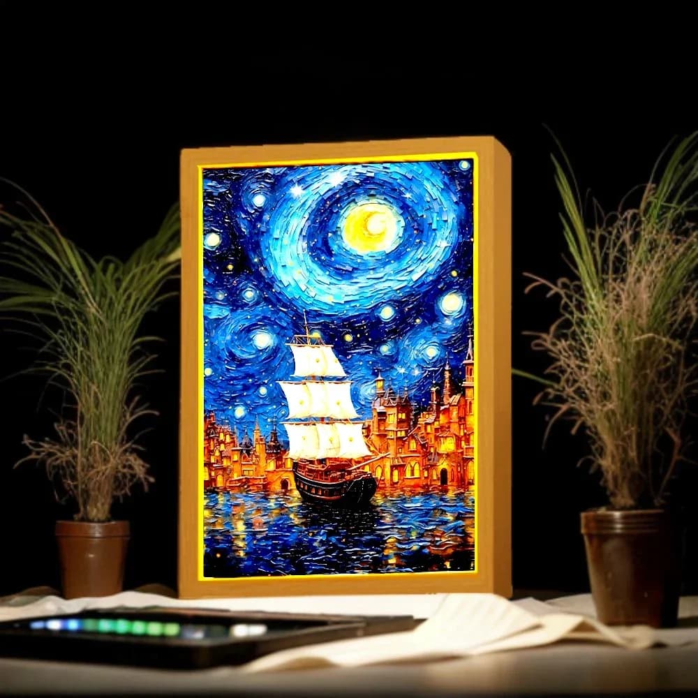 Peinture lumineuse cadre photo Led veilleuse lune lampe Van Gogh ciel étoilé mur Art Oficina chambre