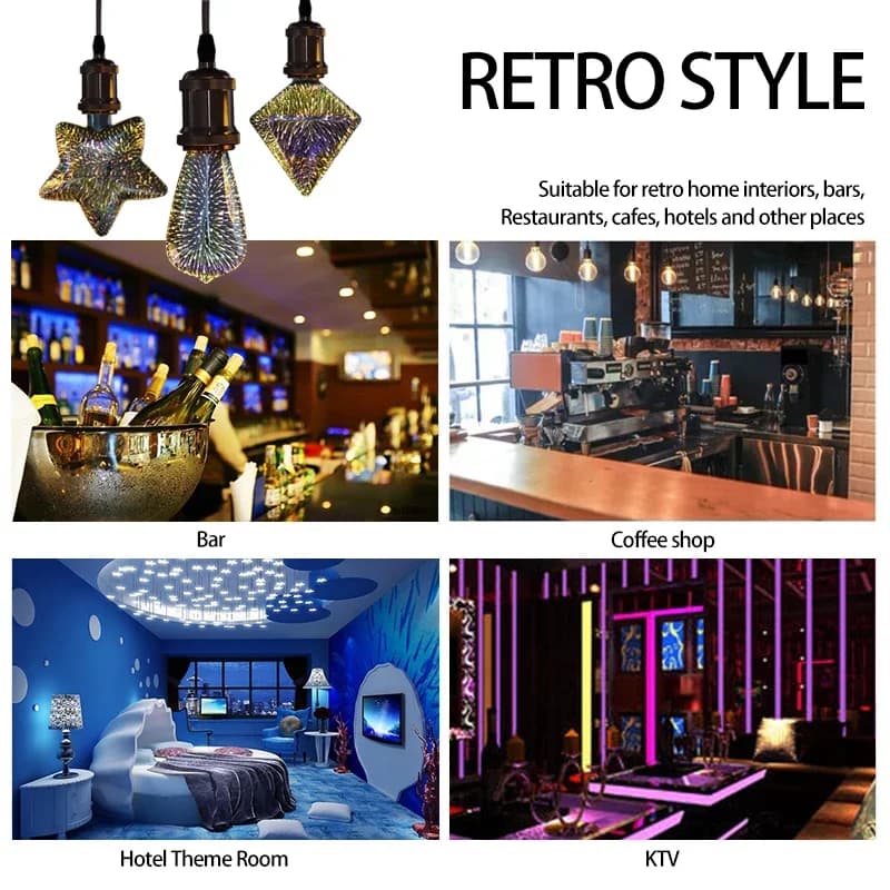 Ampoule LED Star Fire Works 3D E27 Vintage Edison, lumière de nuit AC110V 220V A60 ST64 G80 G95 G125