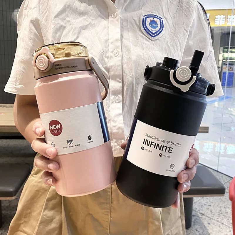 Bouteille d'Eau Thermique en Acier Inoxydable, Flcopropriété Sous Vide avec Paille, Gobelet Portable