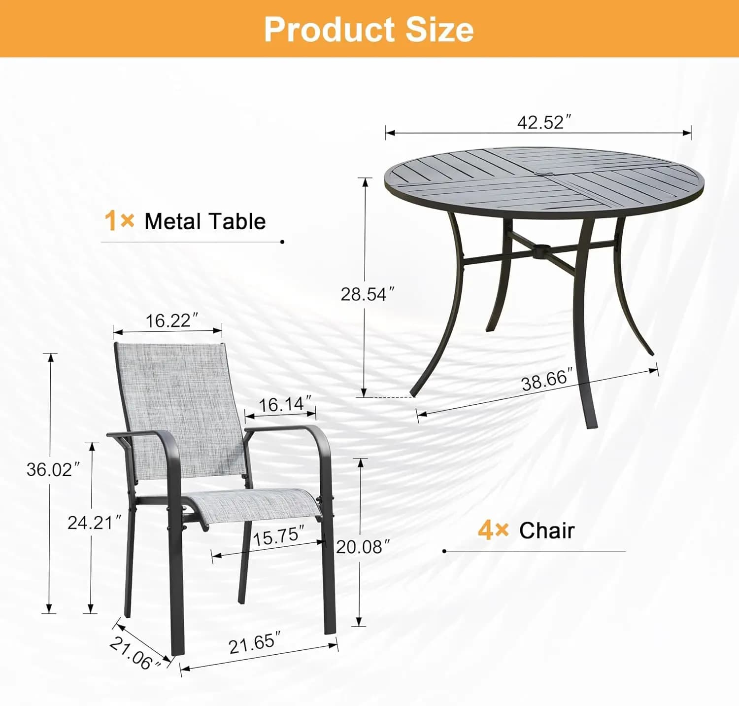 Ensemble de salle à manger de patio rond 5 pièces avec table en aluminium de 42 pouces et 4 chaises 