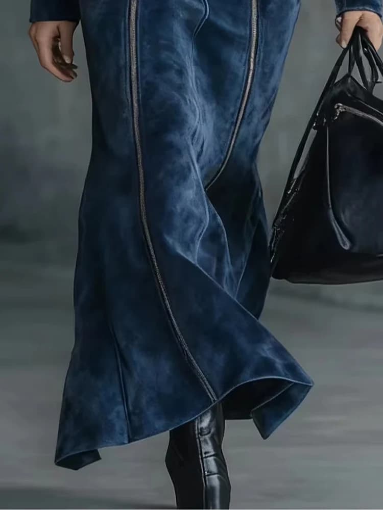 Robe longue moulante en suède à manches longues pour femme, style vintage, unie, avec fermeture écla