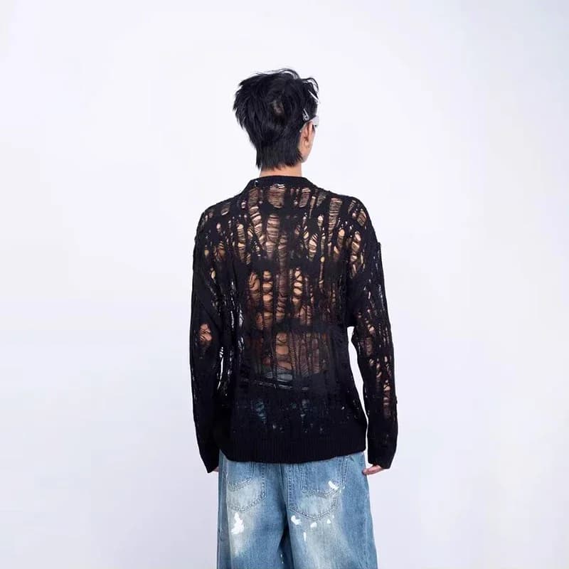 Vintage déchiré évider maille tricot pull hommes automne Streetwear mode col rond à manches longues 