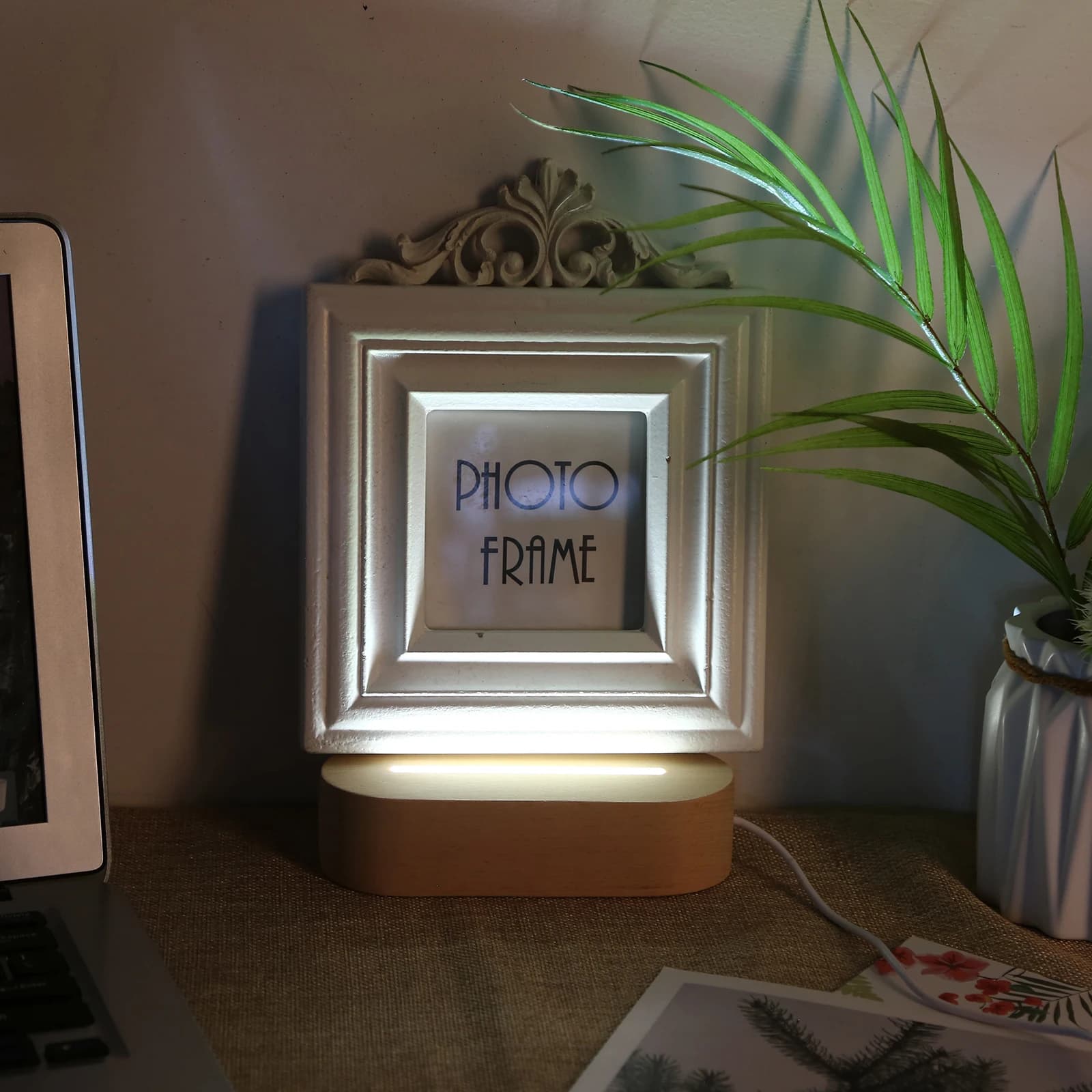 Base d'affichage de lumière LED en bois nar, lampe de lettre en résine, verre d'art en résine, décor