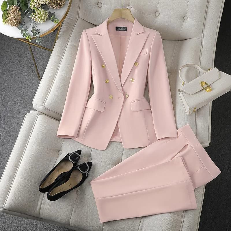 Ensemble 2 pièces de mode coréenne : Blazer à col rabattu et pantalon slim à manches longues pour fe
