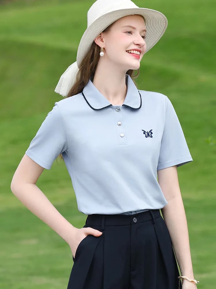 Je crois que vous T-shirt col polo bleu pour femmes été 2025 papillon brodé respirant manches courte
