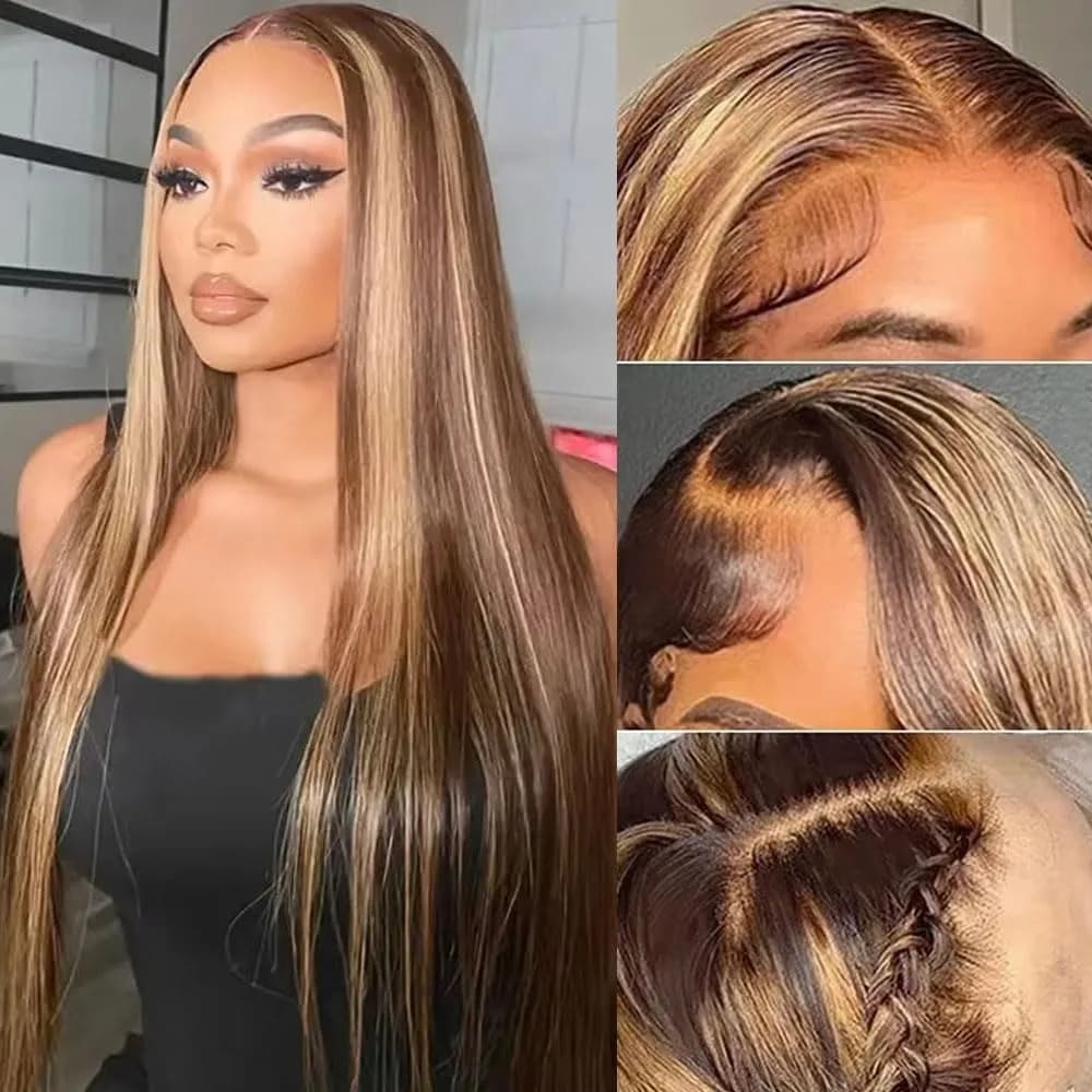 28 pouces 13x4 droite mettre en évidence perruque brésilienne cheveux humains 200% densité 4/27 coul