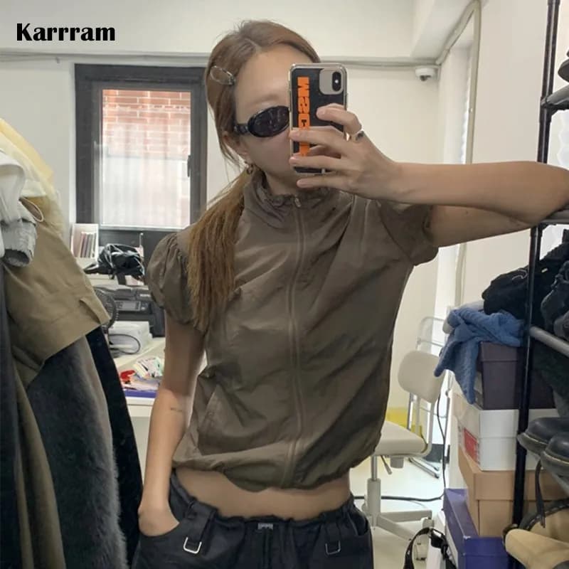 Karr233-T-shirt Cargo Japonais Y2k, Veste Fine à Manches Courtes avec Fermeture Éclair, Protection S