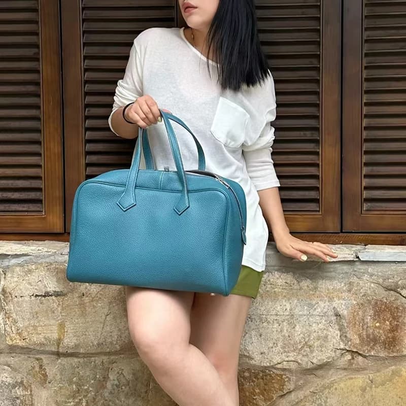 Sac Boston en cuir de marque haut de gamme, bleu, grande capacité, rectangulaire, sac à bandoulière 