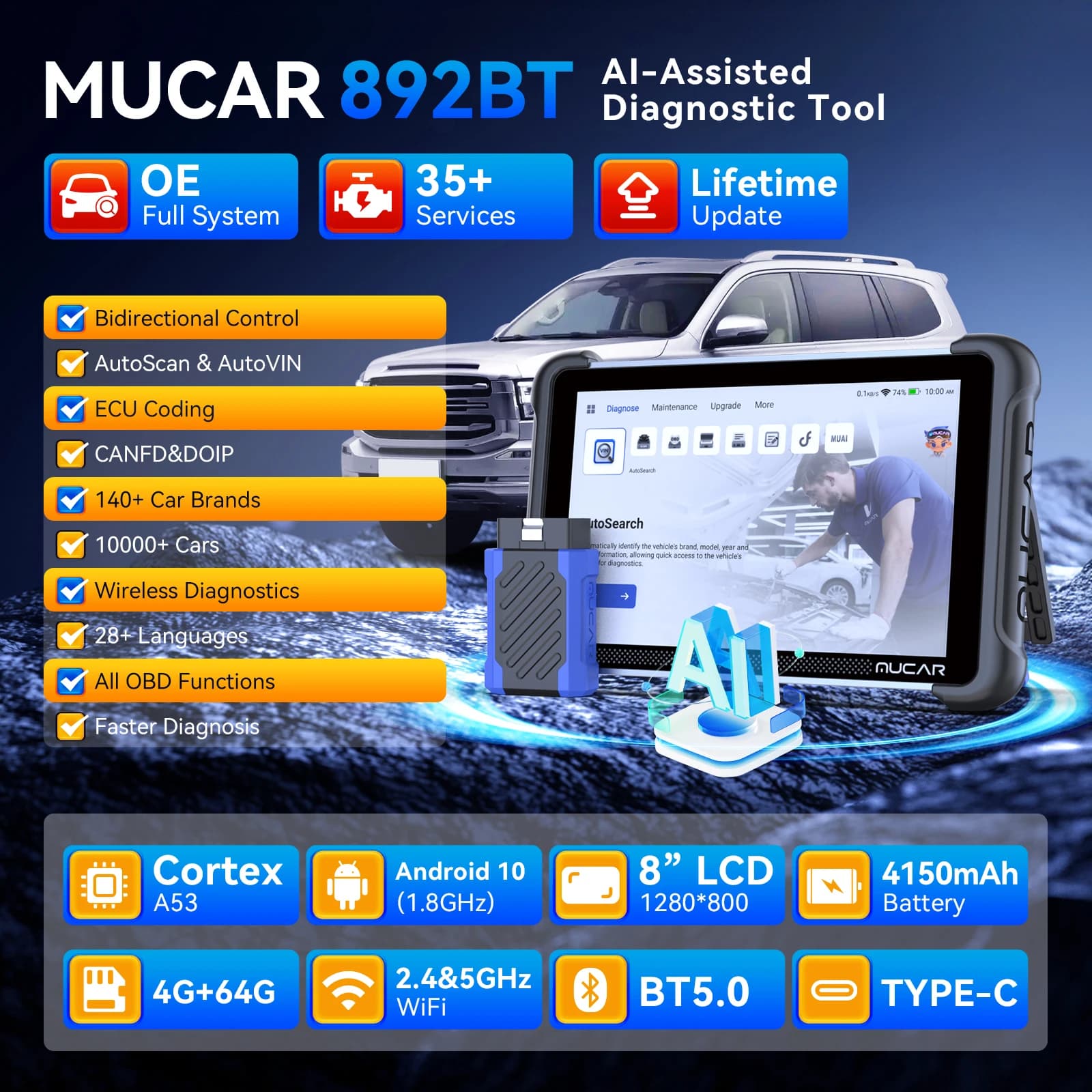 MUCAR 892BT Outil de diagnostic OBD2 assisté par IA Scanner CAN FD/DOIP OBD 2 Diagnostic de tous les