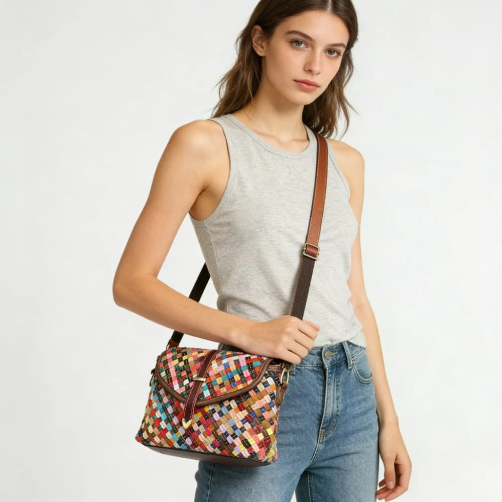 Sac bandoulière bohème en cuir véritable tissé à la main pour femme, style ethnique, sac à bandouliè